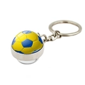 Detail view of double-sided glass soccer ball keychain with silver metal ring - Yellow/Blue Soccer (XSWX7360-3)