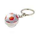 Close-up of a soccer pattern glass ball keychain with a polished silver metal ring - Red/White Soccer (XSWX7360-4)