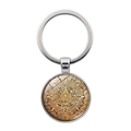 Aztec sun calendar keychain with Mayan totem glass cabochon in silver metal finish - Detailed Gold Pattern (XSWX7375-8)