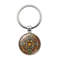 Aztec Sun Stone Calendar keychain with silver metal alloy ring and colorful glass pendant - Multicolor Art Pattern (XSWX7375-5)