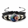 Handgemaakte leren gevlochten armband met bohemien zon maan glas cabochon kunst - Boheems Tegenovergestelde Zon Maan Stijl 4 (XSWX7469-4) / Zwart