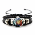 Retro meerlagige gevlochten lederen armband met zon en maan glazen cabochon hanger - Vintage Zon Maan Stijl 2 (XSWX7469-2) / Zwart