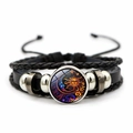 Retro punk lederen armband met zon en maan motief en meerlaagse gevlochten bandjes - Zon en Maan Illustratie Stijl 1 (XSWX7469-1) / Zwart