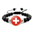 Adjustable black matte beaded bracelet with Swiss flag charm for men and women - Swiss
