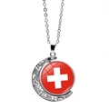 Rotating moon pendant necklace with Swiss flag design on polished silver-toned metal - Switzerland (XSWX7341-2)