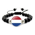 Matte black beaded bracelet with Netherlands flag charm and adjustable woven cord - Netherlands Style