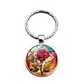 Gepolijste zilveren metalen sleutelhanger met een ronde glazen hanger en rode roos design - Rode Roos Kunstpatroon (XSWX7511)