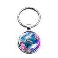 Portachiavi con ciondolo cabochon in vetro delfino e rosa rosa con anello in metallo argentato - Motivo con Delfino e Rosa (XSWX7513)