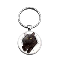 Zilveren metalen sleutelhanger met geeloog zwarte kat in glasplaatje op een witte achtergrond - Zwarte Kat Glas Cabochon Stijl (XSWX7512)
