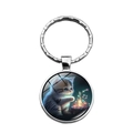 Niedlicher Kätzchen Glaskabochon Schlüsselanhänger mit silbernem Ring für Taschen und Autos - Süße Katze Mit Leuchtender Pflanze Stil (XSWX7519)