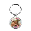 Porte-clés vache Highland artistique avec pendentif couronne de fleurs en argent - Style Couronne de Fleurs Vache des Highlands (XSWX7526)