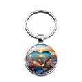 Zonsondergang strand hart steen glas cabochon sleutelhanger met gepolijste metalen ring - Zonsondergang Strand Hart Stijl (XSWX7538)