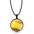 Collier avec pendentif cabochon en verre softball jaune et cordon tressé noir sport - Style Softball (XSWX7470-2)