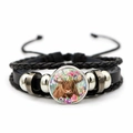 Black woven leather multilayer bracelet featuring highland cow and floral glass charm - Highland Cow with Purple Wreath (XSWX7547-3)