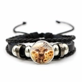 Multilayer leather bracelet featuring Highland cow and sunflower glass charm in black - Highland Cow with Sunflowers (XSWX7547-4)