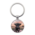 Macro shot of Highland Cow glass pendant keychain with sunset flower field design - Sunset Flower Field Highland Cow Pattern (XSWX7607-9)