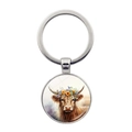 Detail view of Highland Cow glass cabochon pendant with silver metal keychain ring - Watercolor Wreath Highland Cow Pattern (XSWX7607-8)