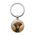 Detailed close-up of a silver keychain with Highland cow art and floral accents - Orange Yellow Flowers Highland Cow Pattern (XSWX7607-5)