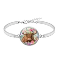 Silver Highland Cow bracelet with colorful floral crown and glass cabochon pendant - Rainbow Wreath Highland Cow (XSWX7601-3)
