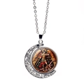Archangel Saint Michael rotating moon pendant necklace in vintage silver finish for women - Silver