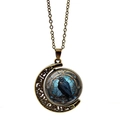 Collana vintage in bronzo con ciondolo a luna e corvo e vetro artistico stile gotico - Bronzo Antico Stile 4 (Sfondo Blu)