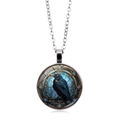 Detail of raven pendant necklace featuring gothic glass art with a silver O-chain - Silver Style 4