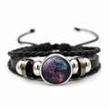 Retro punk multilayer braided leather bracelet with a T-Rex dinosaur glass charm - Black