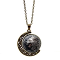 Vintage bronze spinning moon necklace with detailed wolf head pendant for women - Antique Bronze
