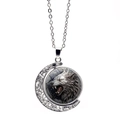 Wolf head crescent moon necklace featuring a double-sided rotating pendant for women - Silver