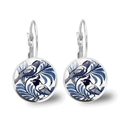 Vintage vogel oorbellen met glazen cabochons en blauwe vogelmotieven aan franse haken - Zilver