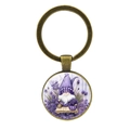 Vintage bronze gnome keychain with purple lavender illustration and round glass cabochon - Antique Bronze