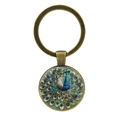 Vintage bronze peacock glass gem keychain with artistic colorful tail pattern on white back - Antique Bronze