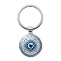 Gelukkige blauwe Evil Eye sleutelhanger met glazen koepel en mandala patroon in zilver - Zilver