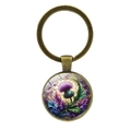Vintage bronzen sleutelhanger met kleurrijke distelbloem glas cabochon hanger - Antiek Brons