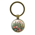 Vintage Bronze-Kaktus und Sukkulenten Schlüsselanhänger mit buntem floralem Mikro-Landschaft - Antikbronze