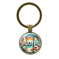 Vintage χάλκινο μπρελόκ Aloha με τροπική εικονογράφηση παραλίας και σχέδιο ηλιοβασιλέματος - Αντίκ Μπρονζέ