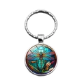 Portachiavi vintage steampunk con libellula in vetro cabochon e anello in metallo lucido - Stile Libellula Floreale (XSWX7778-3)