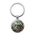 Schlüsselanhänger mit Nähmaschinen-Glasstein und floralem Mosaik aus robustem Metall - Silber