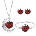 Polka dot ladybug jewelry set with moon pendant necklace bracelet and earrings - Set of 3 / Red Black Ladybug Style (XSWX4005-5)