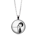 Artistic silver chain necklace with a circular black and white girl illustration pendant - Silver-Eyes Closed Calling Style 3 (XSWX6619-3)
