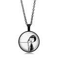 Detail view of black alloy necklace with glass pendant featuring a hand-drawn gothic girl - Black-Eyes Closed Calling Style 3 (XSWX6619-3)
