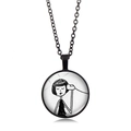 Detail of round black pendant necklace with minimalist hand-drawn girl illustration - Black-Paper Cup Phone Style 1 (XSWX6619-1)