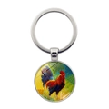 Détail macro du porte-clés rond en métal avec pendentif de peinture à l'huile de coq - Coq Pastoral Panaché (XSWX6628-10)