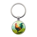 Portachiavi tondo in metallo con illustrazione di gallo stile pittura a olio e colori vivaci - Gallo Cresta Rossa Piuma d'Oro (XSWX6628-2)