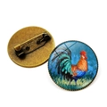 Detail view showing front rooster oil painting glass dome and antique bronze pin back - Rooster Pattern 1 (XSWX6640-1) / Antique Bronze