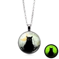 Luminous crescent moon black cat pendant necklace with glowing green crystal glass gem - Silver