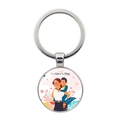 Porte-clés en métal argenté avec pendentif rond illustré pour la fête des mères et fleurs - Style Illustration Mère et Enfant (XSWX6565-6)