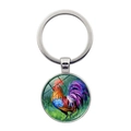 Porte-clés coq style peinture à l'huile avec pendentif rond en verre et anneau argent - Peinture à l'Huile Coq Queue Violette (XSWX6628-6)
