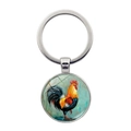 Porte-clés rond peinture à l'huile coq avec anneau métallique argenté et dôme en verre - Style d'Art de Coq Brillant (XSWX6628-11)