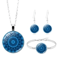 Vue détaillée de la parure vintage mandala avec collier, boucles d'oreilles et bracelet - Mandala Bleu Foncé (XSWX6842-5)